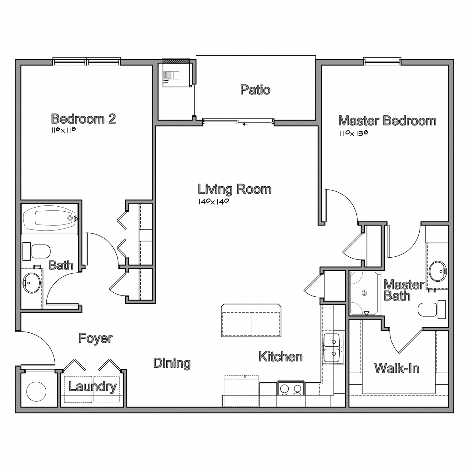Floor plan for 2 beds, 2 baths, 1131 sqft